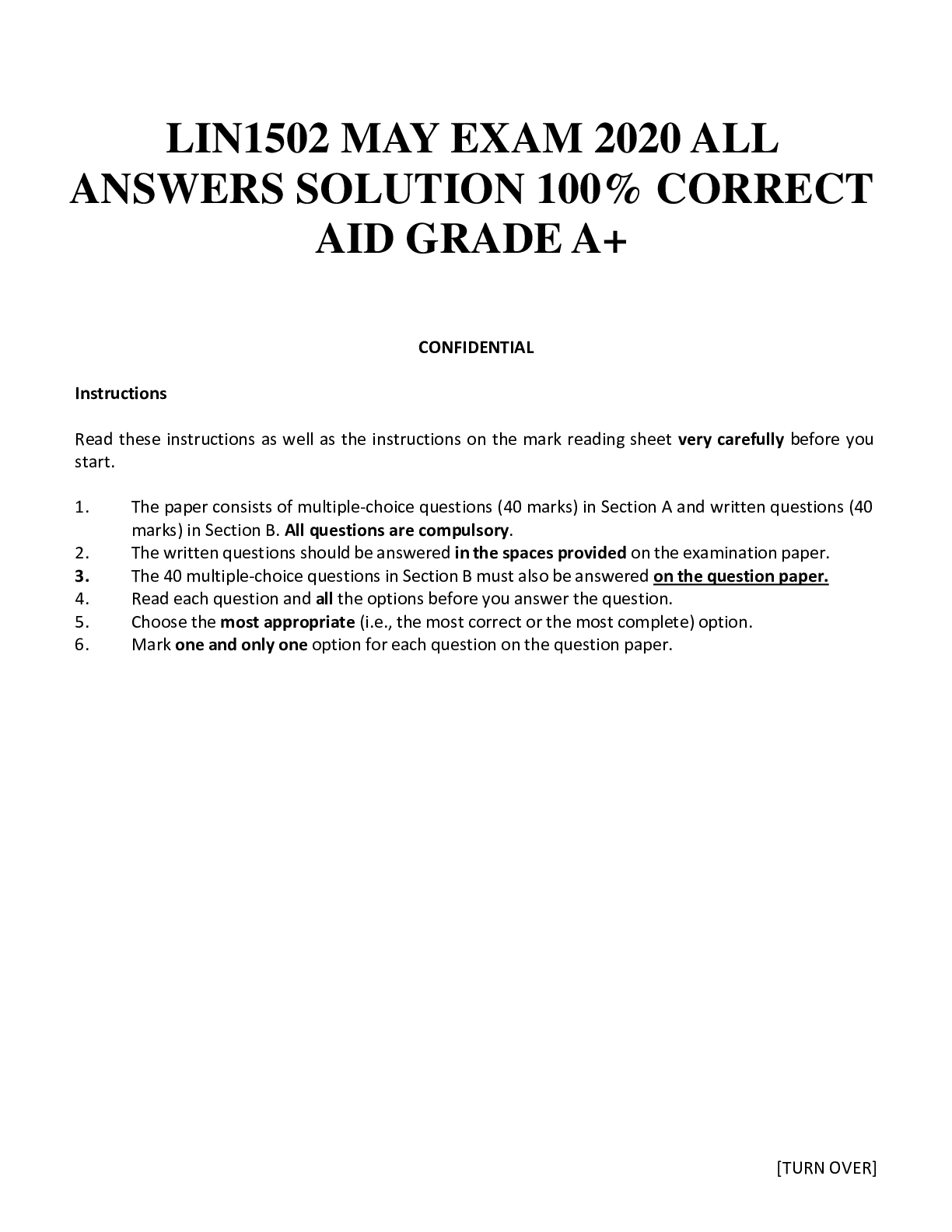 Preview of LIN1502 MAY EXAM 2020 ALL ANSWERS SOLUTION 100% CORRECT AID GRADE A+